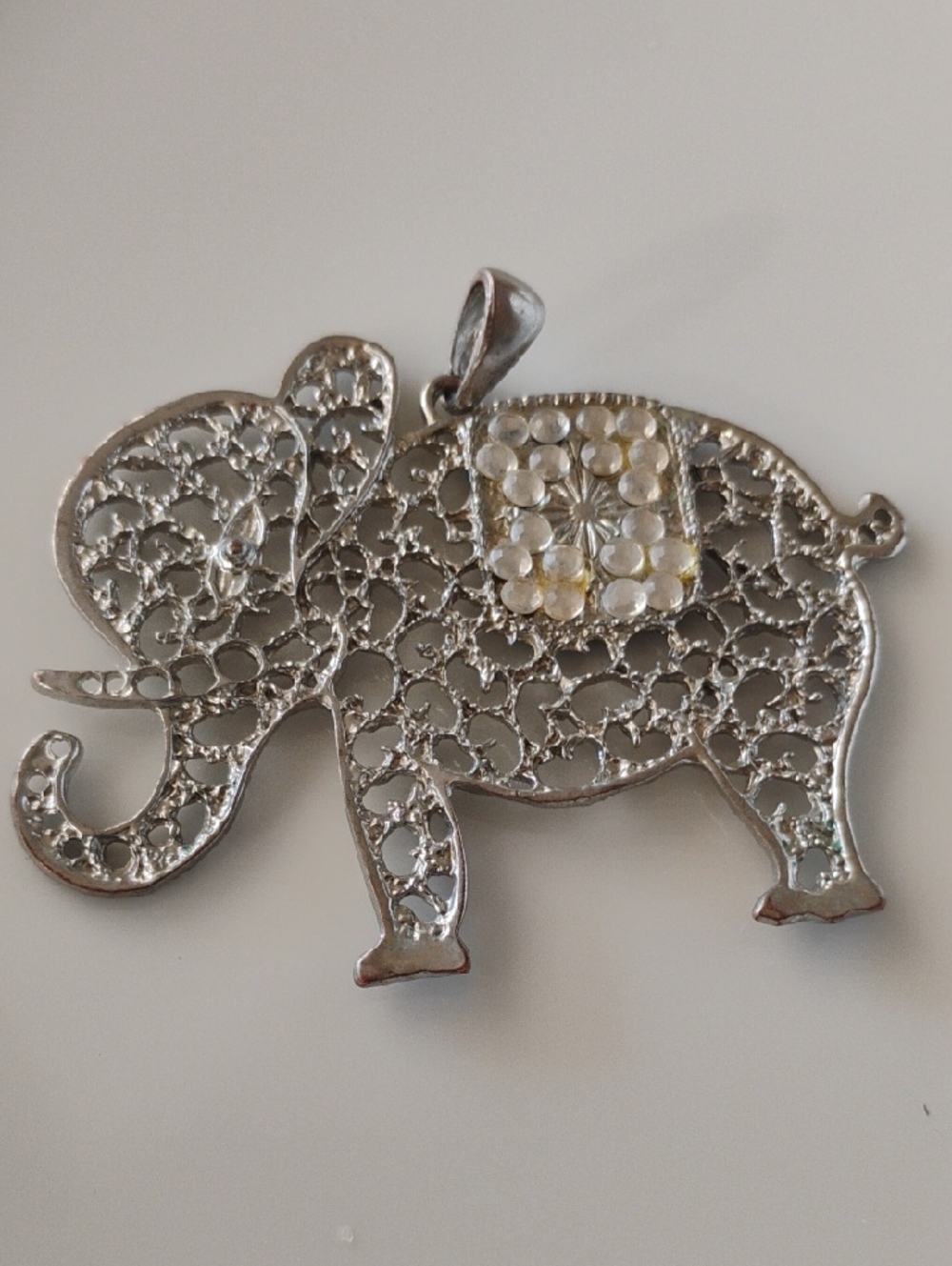 Statement Large Elephant Filigree Pendant Necklace - Silver Color